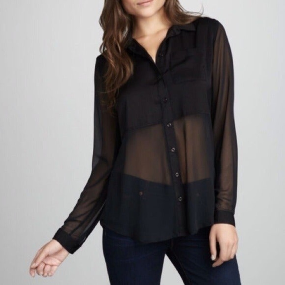 Free People Black Button Sheer Button Down